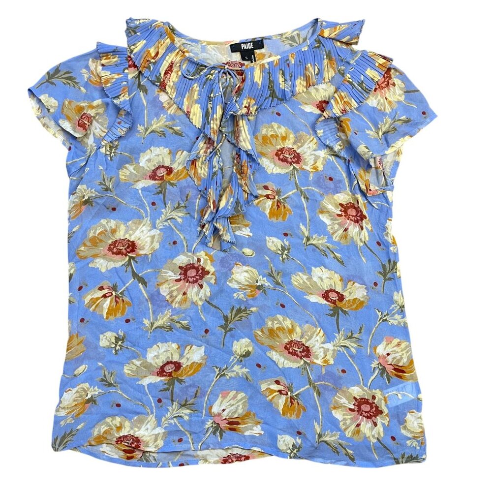 Paige Silk Floral Blouse Womens Small Semi Sheer Short Sleeve V Neck Ruffle Blue
